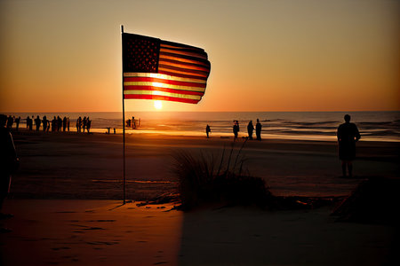 people on the beach at sunset with an american flag in the sun is shining brightly red and white stripes across the sky. Generative AIの素材