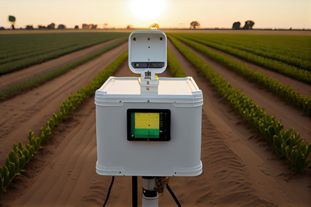 a camera in the middle of a corn field with an orange sky and sun shining through the horizon behind it. Generative AIの素材