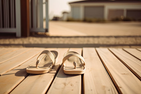 two pairs of shoes on a wooden floor in front of a house with the sun shining through the glass door. Generative AIの素材