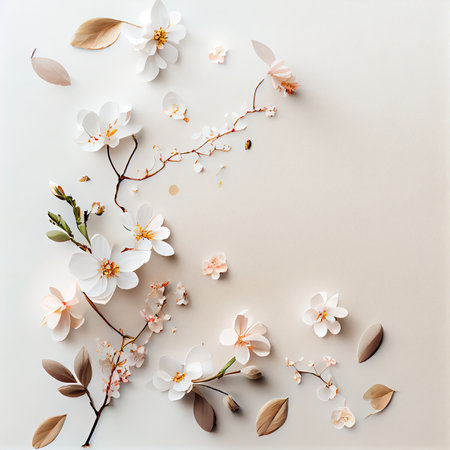 flowers and leaves on a white background with space for text or an image in the frame is made out of paper. Generative AIの素材