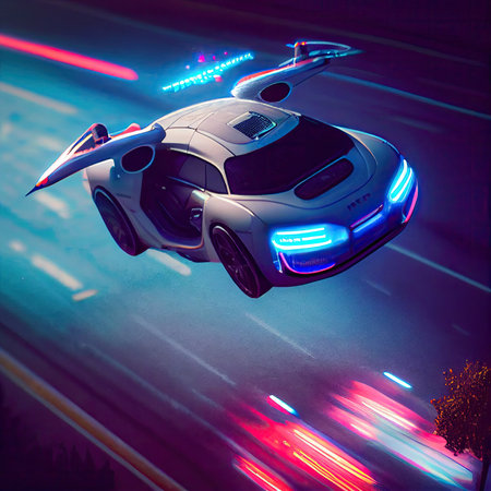 a futuristic car in the middle of a city at night, with colorful lights coming from its roof and headlights. Generative AIの素材