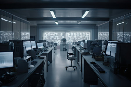 an office with multiple computer screens on the walls and desks, all lit up at night to see what is happening. Generative AIの素材