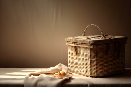 bread in a wickers basket on a white table cloth with the sun shining through the window behind it. Generative AIの素材
