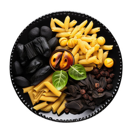 different types of pasta on a black plate, isolated against a white background with copy space for your text stock photo. Generative AIの素材