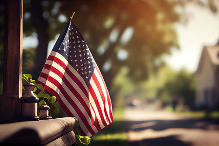 an american flag on a bench in the sun with trees and houses in the background photo is taken from behind. Generative AIの素材