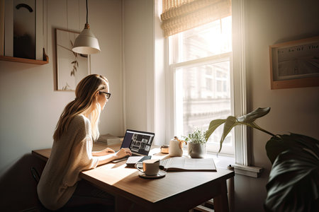 a woman sitting at a desk with her laptop and phone in front of her, she is looking out the window. Generative AIの素材