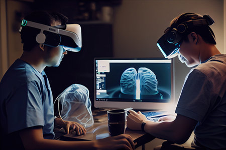 two people sitting at a desk with virtual glasses on their heads and one person holding a cup in front of them. Generative AIの素材