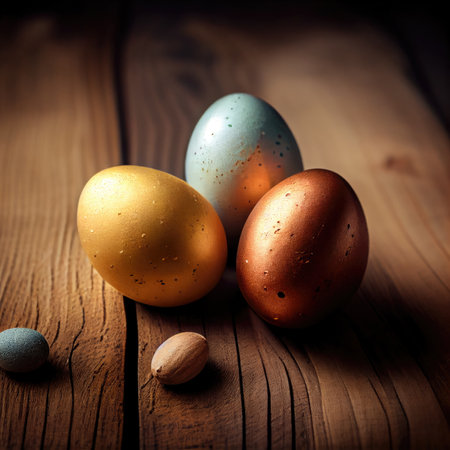 three colored eggs on a wooden table with almonds in the middle and an egg shell at the top left. Generative AIの素材