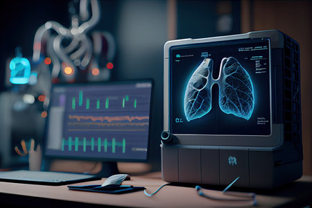 a computer screen with an image of a human organ on it and a mouse next to the monitor is shown. Generative AIの素材