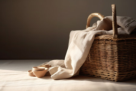 a basket and napkin on a white table cloth, with a brown wall in the background photo is taken from above. Generative AIの素材
