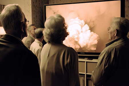 two older people watching a television show on the tv screen with an explosion in the background and smoke billowing. Generative AIの素材