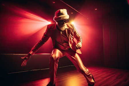 a man in a red suit and hat on stage with spotlights behind him, holding his hands out to the side. Generative AIの素材