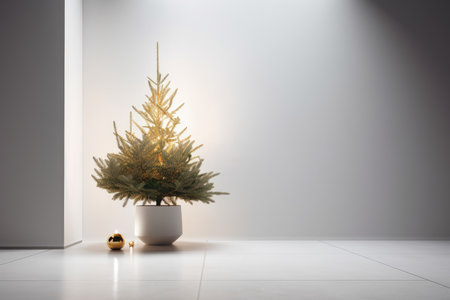 a small christmas tree in a white pot with lights on the wall behind it and an orange ornamer. Generative AIの素材