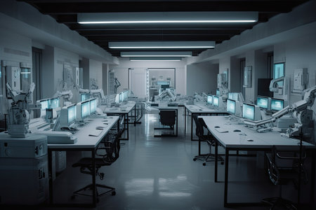 an office with many desks and monitors on the walls, all lit up by white light from several computer screens. Generative AIの素材