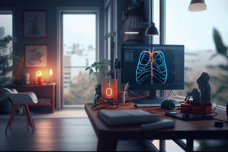 a desk with a computer on it and a plant in the corner next to the monitor that is lit up. Generative AIの素材