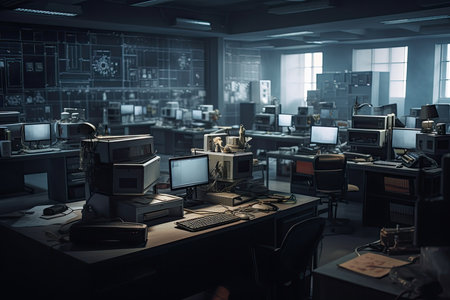 an office with many desks, computers and other items on the table in the room is lit by bright light. Generative AIの素材