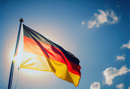 the german flag flying high in the blue sky, with white clouds and bright sun shining brightly on the background. Generative AIの素材
