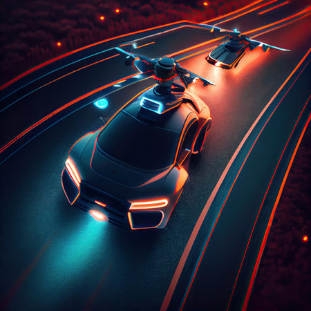 two cars driving on a road with red and blue lights coming from above the cars headlams. Generative AIの素材