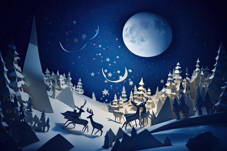 christmas night with santas and reindeers in the snow, paper art style illustration ilustratione. Generative AIの素材