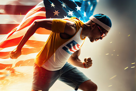 a man running with an american flag on his shirt and hat in the background is blurred, but there is no image. Generative AIの素材