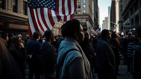 people walking down the street with an american flag on their head and one person holding a cell in his hand. Generative AIの素材
