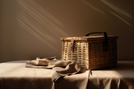a basket and blanket on a bed with sunlight shining through the shadow from the light coming in the window behind it. Generative AIの素材