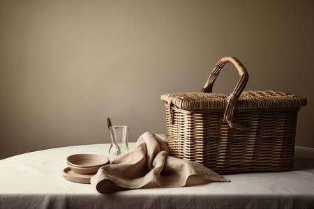 a basket and a glass on a white table cloth with a brown wall in the background to the left side. Generative AIの素材