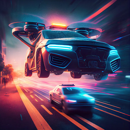 a police car flying through the air with its lights on, and two cars driving down the road in the background. Generative AIの素材
