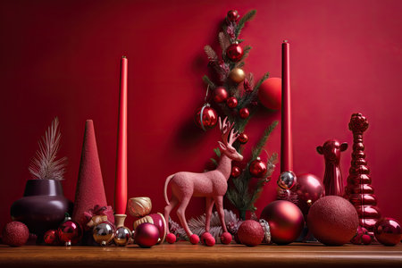 christmas decorations and candles on a table with a red wall in the photo is taken to the right, its still showing. Generative AIの素材