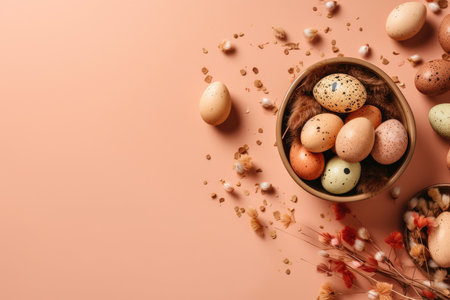 easter eggs and flowers on a pink background with copy space for your text top view, flat lay stock photo. Generative AIの素材