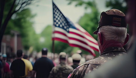 an old man in military uniform with the american flag on his back, looking up at people walking down the street. Generative AIの素材