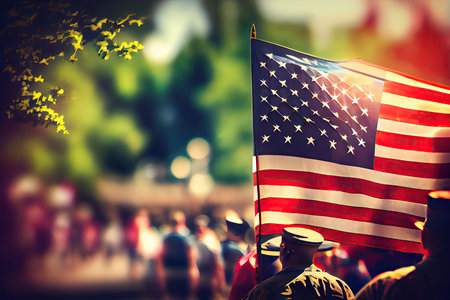 an american flag being held by a man in front of a crowd with trees and people walking on the street. Generative AIの素材