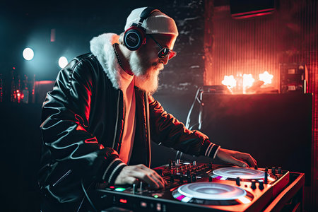 a dj mixing in front of a stage with headphones and microphones on his turntable at night club. Generative AIの素材