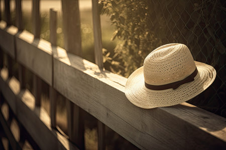 a hat sitting on a wooden fence with the sun shining in the background and green plants growing along the fence. Generative AIの素材