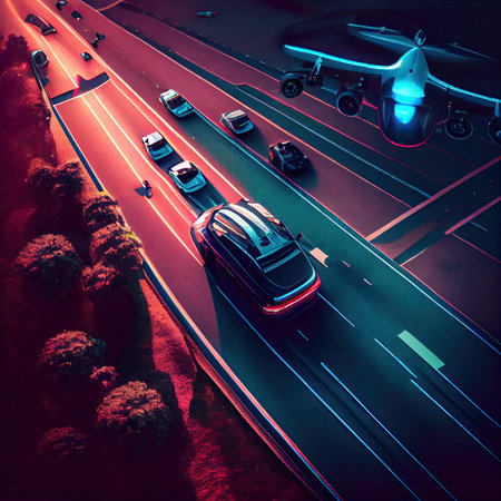two cars driving down the road with an airplane in the distance and another car on the other side of the road. Generative AIの素材