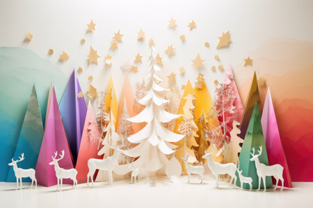 christmas trees and reindeers in front of an orange, yellow, blue, pink, green, red and white background. Generative AIの素材