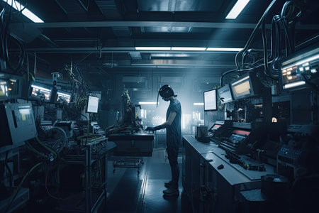 a man standing in a room with multiple monitors on the wall behind him and looking at his computer monitor screen. Generative AIの素材