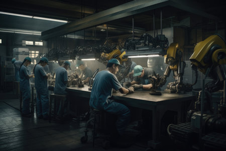 some people working in a factory with one person on the table and two men at workbens behind them. Generative AIの素材