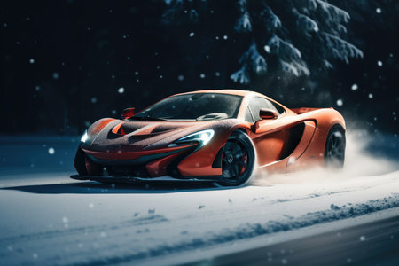an orange sports car driving through the snow in front of a snowy - covered forest with evergreens and pine trees. Generative AIの素材