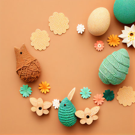 an easter egg surrounded by paper flowers and other decorative objects on a brown background with copyspacers in the center. Generative AIの素材