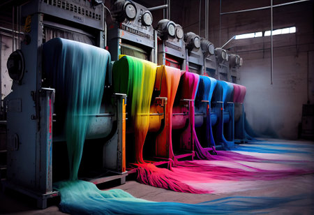 some very colorful fabrics being made by an industrial machine in a large room with lots of other machines and equipment. Generative AIの素材