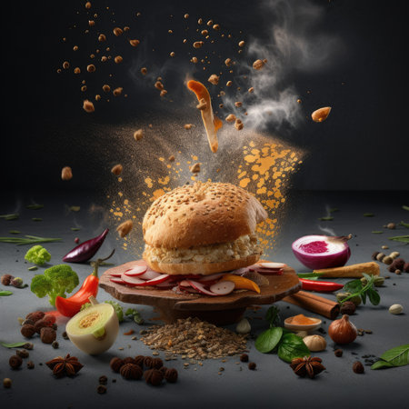 a burger being thrown in the air with ingredients around it on a black surface, surrounded by spices and nuts. Generative AIの素材