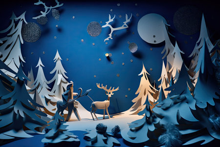 some trees and animals in the night sky with snow falling from their tops, as if its christmas time. Generative AIの素材