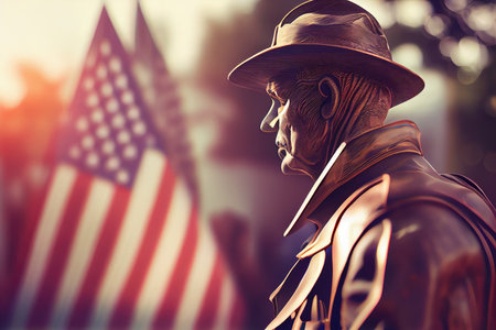 a man wearing a hat and standing in front of an american flag, with the sun shining on his face. Generative AIの素材