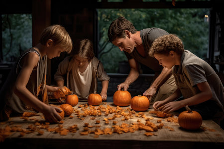three kids carving pumpkins on a table with their mother and father in the background looking at them from behind. Generative AIの素材