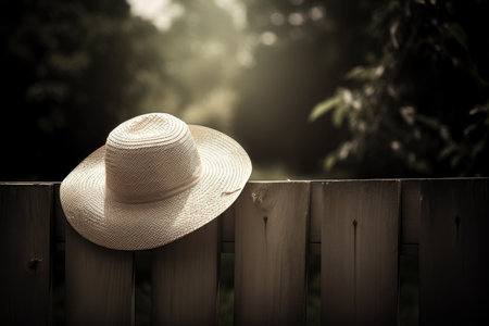 a hat sitting on top of a wooden fence with trees in the background and sunlight shining through the leaves behind. Generative AIの素材
