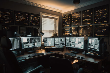 a man sitting in front of three computer monitors with multiple screens on the wall behind him and looking at them. Generative AIの素材