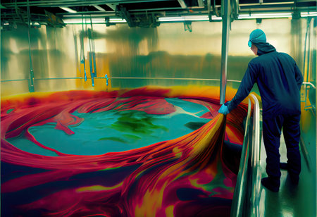 a man standing in front of a large circular colored painting on a metal surface with red, green and blue colors. Generative AIの素材
