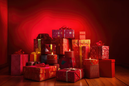 christmas presents on a wooden floor with red light coming through the gift boxes in the background is an orange wall. Generative AIの素材