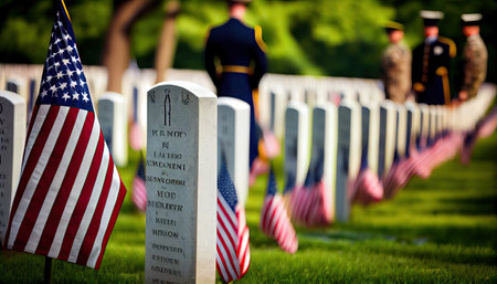 an american flag laying in front of gravestones at the national cemetery. Generative AIの素材